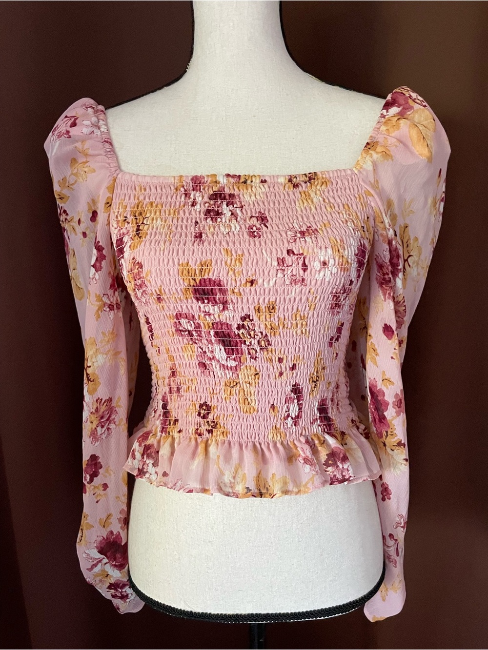 NWOT Express Pink Floral Smocked Square Neck Puff Sleeve Blouse Top S